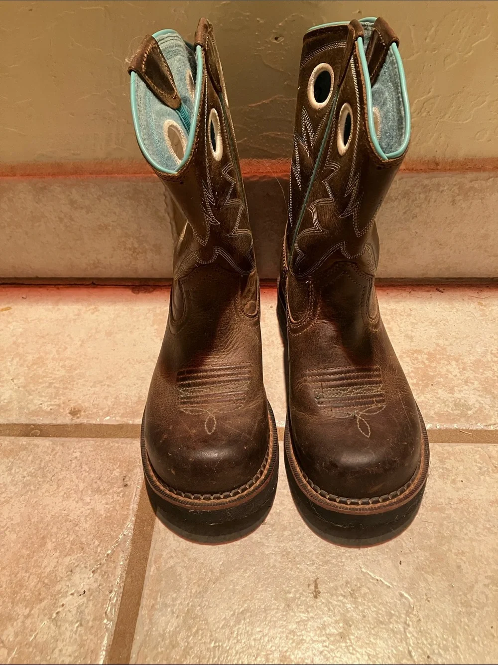 Ariat Kids Brown Leather Pull-On Boots with Turquoise Lining